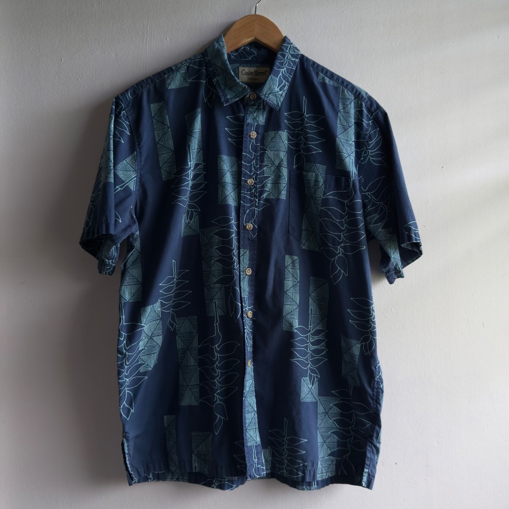 Cooke Street Honolulu Hawaiian Shirt Mens Large Blue Geometric Aloha Coastal